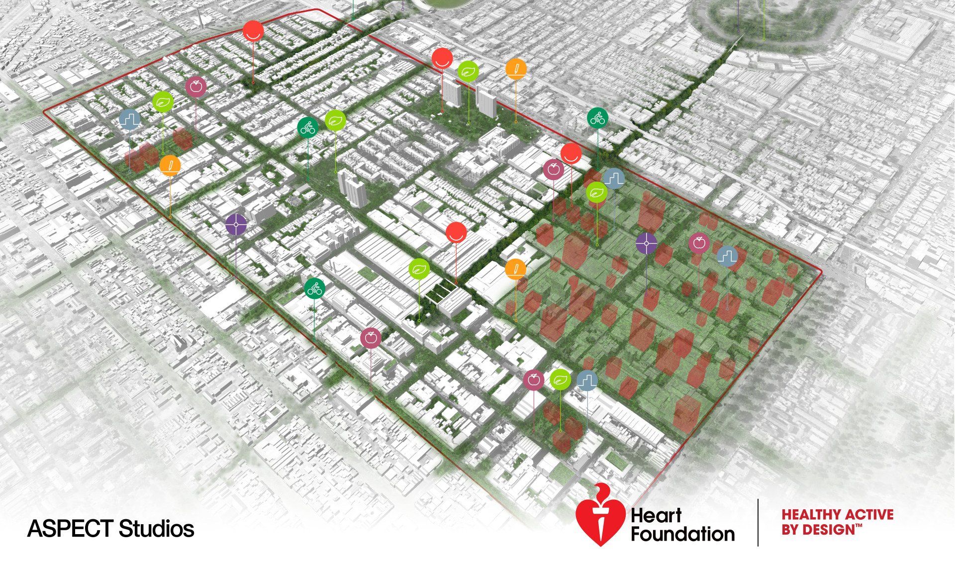 An aerial view of a city with a heart foundation logo on it.