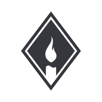 Candle with flame inside a diamond-shaped frame, black and white design.