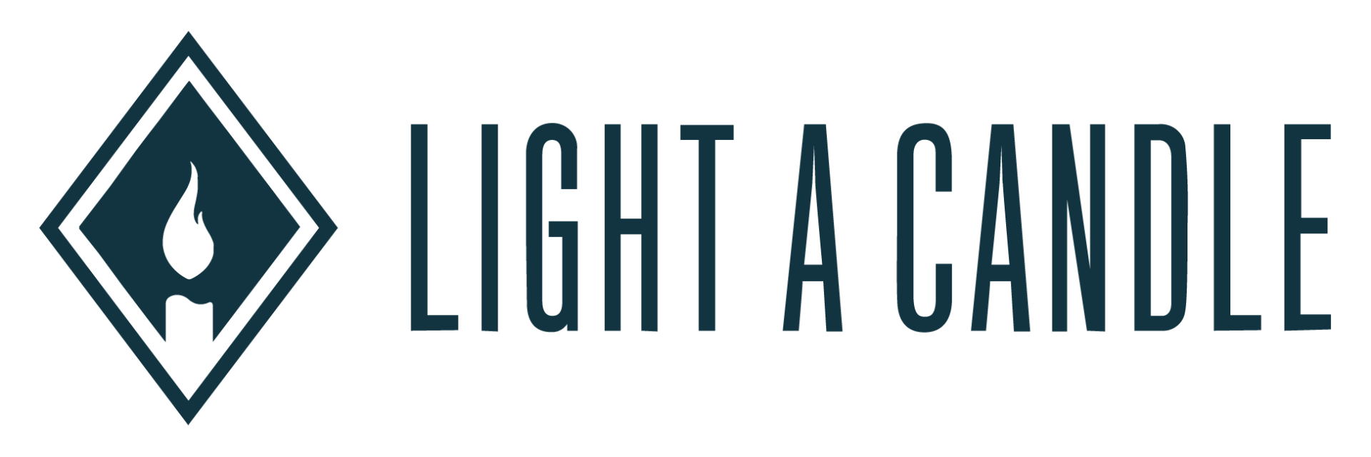 Logo with a candle icon inside a diamond shape, text reads