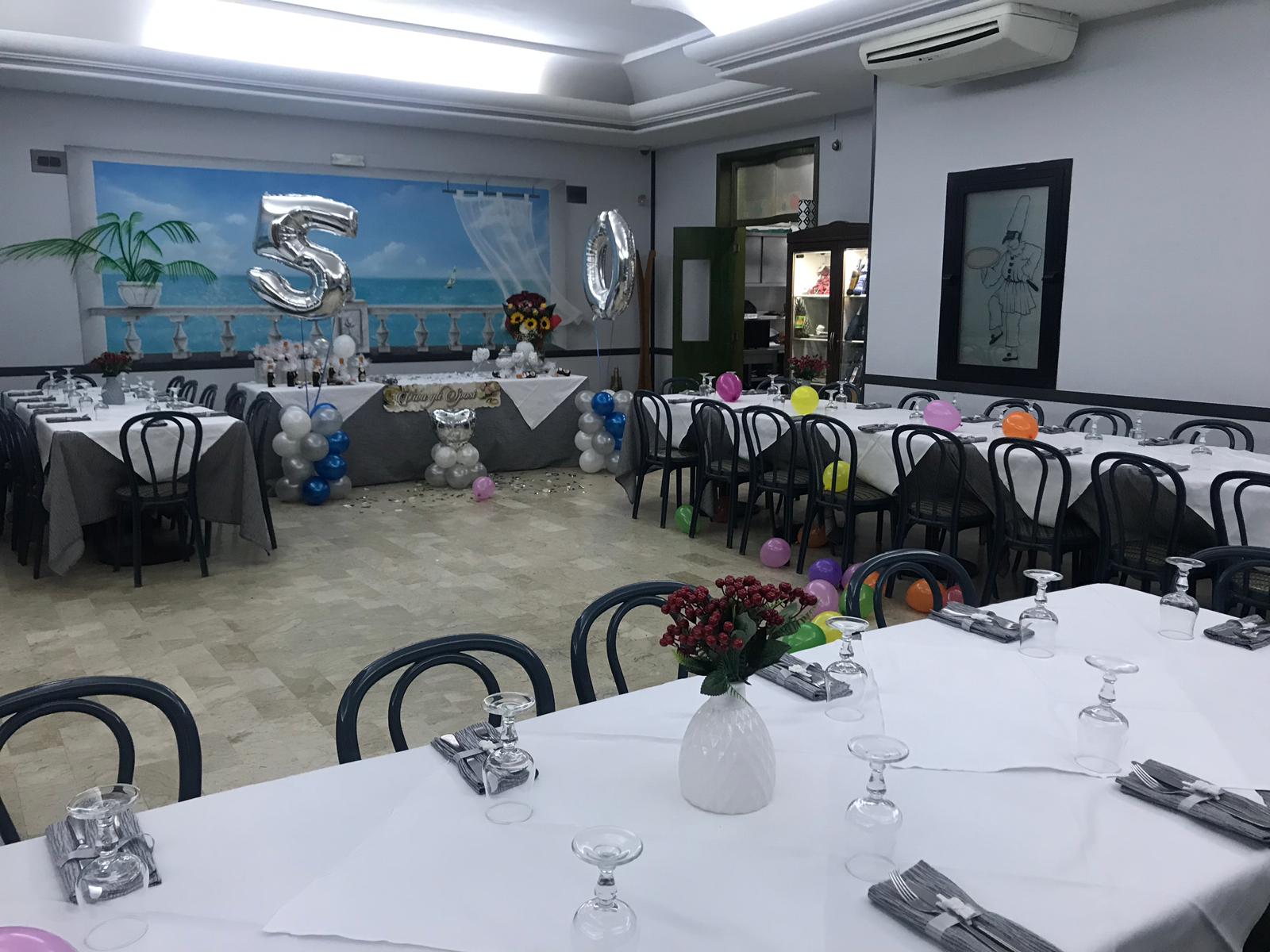 Sala per banchetti decorata con tavoli rotondi, sedie nere, tovaglie bianche e uno sfondo blu con palloncini.