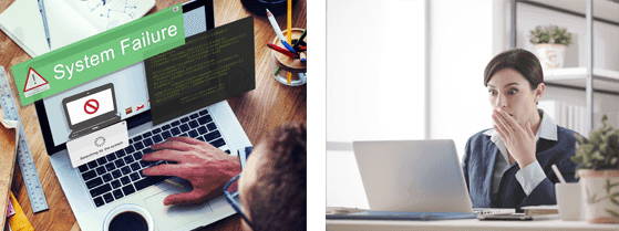 2 picture with woman holding hand on her mouth watching a laptop and a system failure screen on a laptop