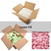 A cardboard box filled with loose fill next to a picture of loose fill.
