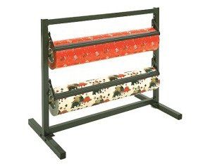 A wrapping paper rack with three rolls of wrapping paper on it.