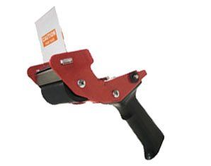 A red tape dispenser with a card that says caution on it