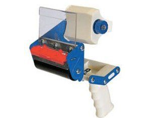 A close up of a tape dispenser with a blue handle on a white background.