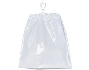 A white plastic bag with a string hanging from it.