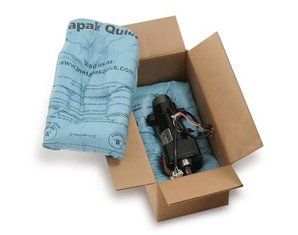 A cardboard box with a motor inside of it.