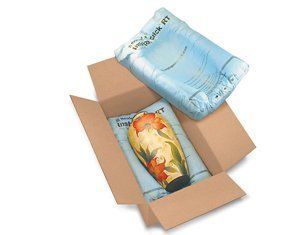 A cardboard box with a vase inside of it
