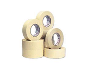 Three rolls of masking tape are stacked on top of each other on a white background.