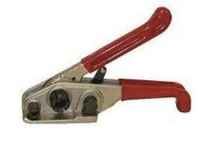 A close up of a strapping tool with a red handle on a white background.