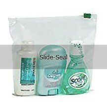 A bag filled with shampoo , deodorant , and hand soap.