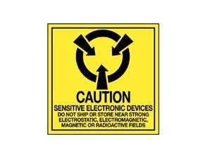 A yellow sign that says caution sensitive electronic devices do not ship or store near strong electrostatic fields
