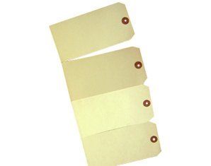 Three white tags with red circles on them are stacked on top of each other on a white background.