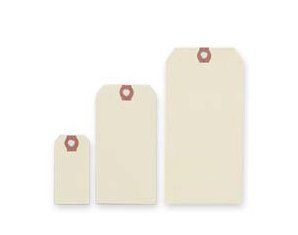 Three tags of different sizes are stacked on top of each other on a white background.