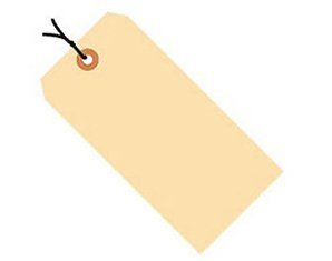 A tag with a string attached to it on a white background.
