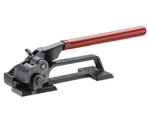 A strapping tool with a red handle on a white background.