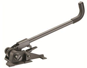 A black tool with a long handle on a white background.