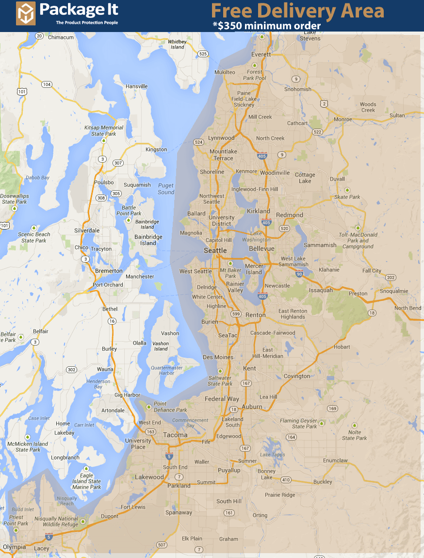 A map showing the free delivery area for package it