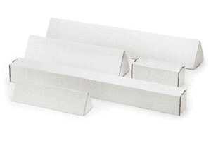 A group of white cardboard boxes are stacked on top of each other on a white surface.