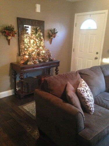 A living room with a couch and a christmas tree