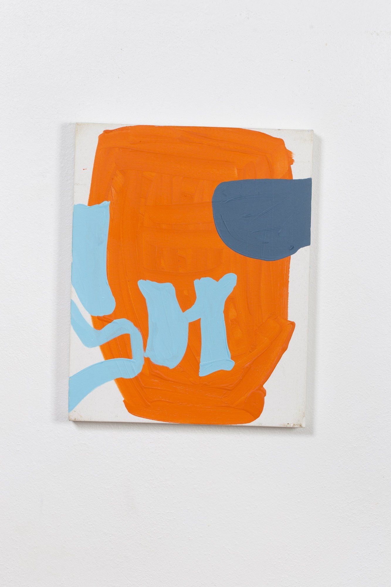 A painting of an orange and blue object on a white background
