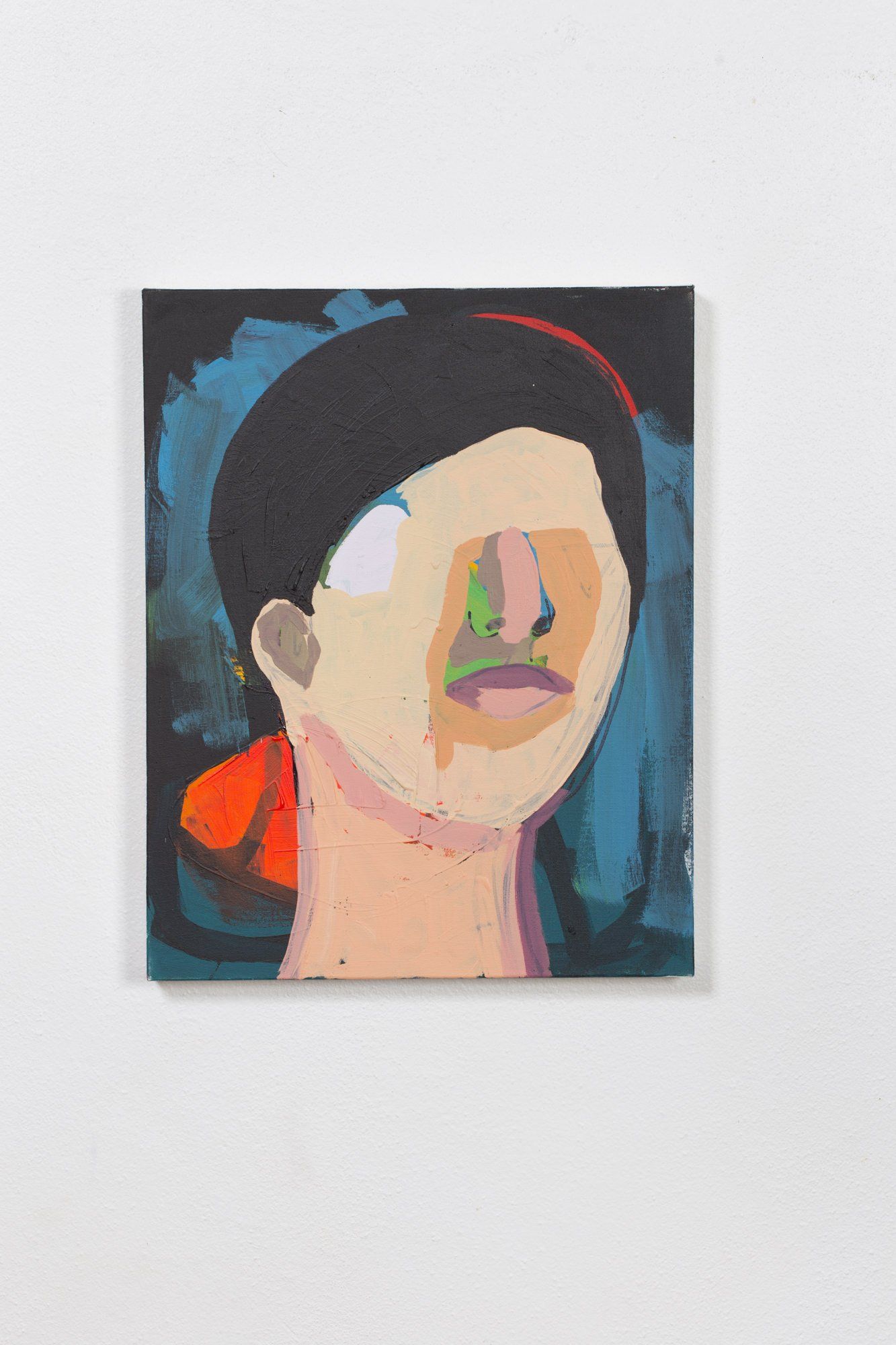 A painting of a man 's face with a red scarf around his neck.