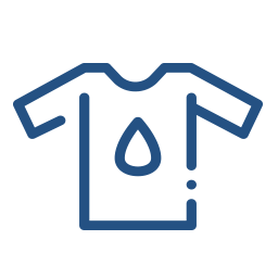 A blue line icon of a t-shirt with a drop of water on it.