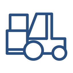 A blue line drawing of a forklift on a white background.