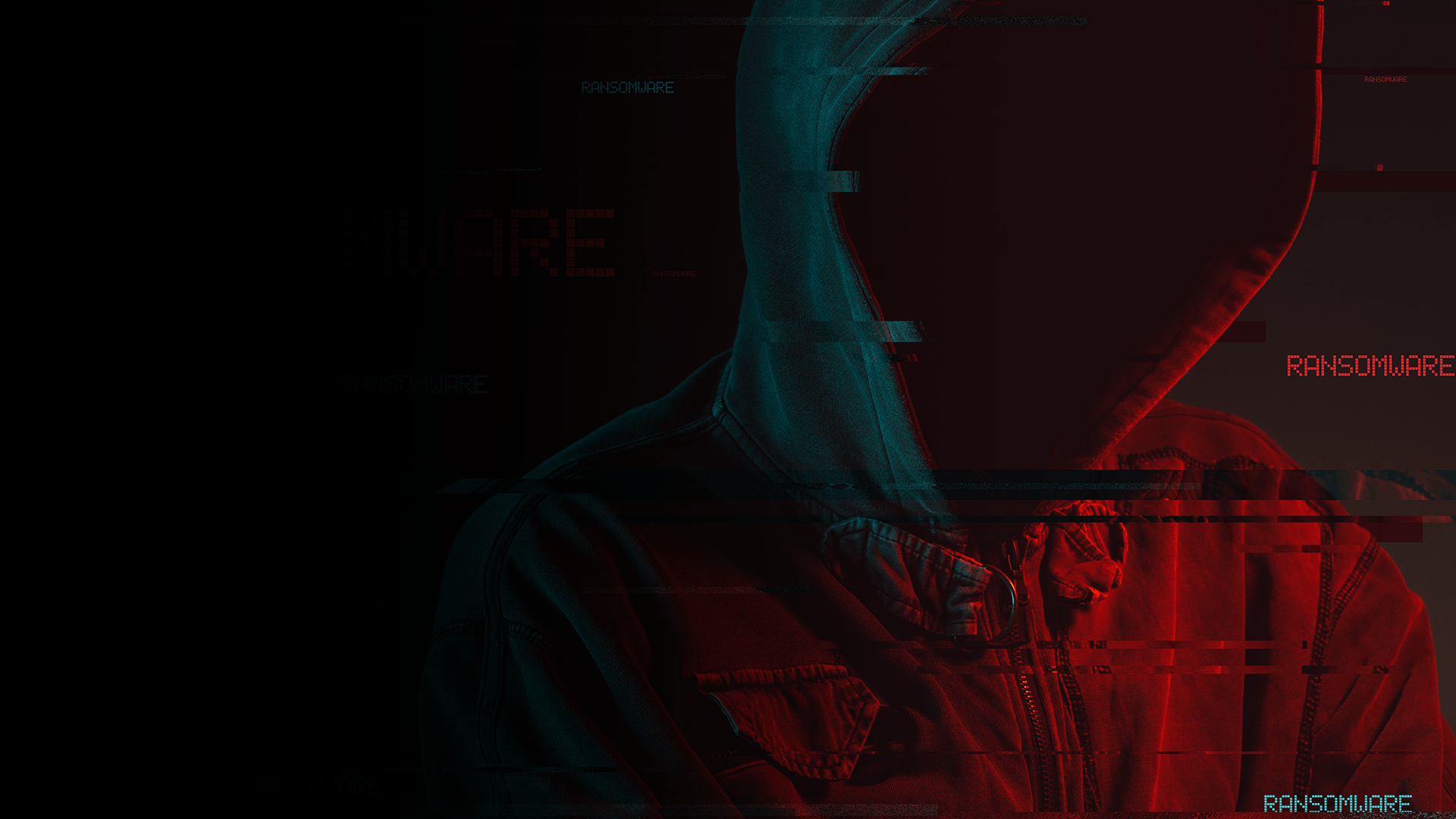 Glitchy red and cyan hooded figure in profile against a dark background, with digital scan-line effects