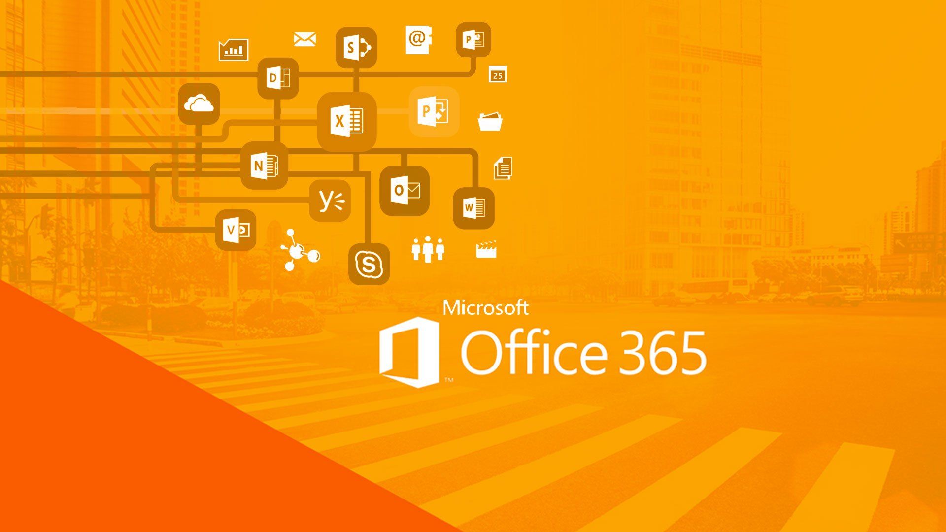 Orange Microsoft Office 365 Kinect splash screen with floating app icons and logo