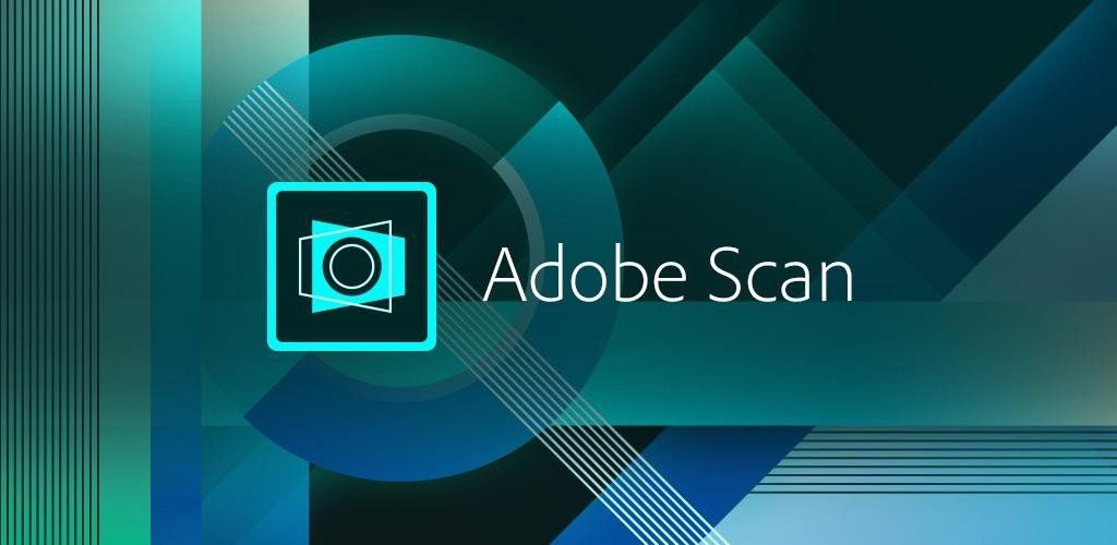 Adobe Scan logo on a teal abstract background with geometric circles and diagonal lines