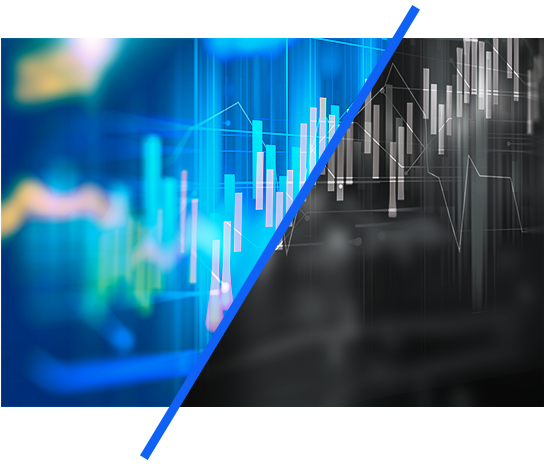 Split-screen financial chart graphic with blue and white candlesticks on blue and black backgrounds