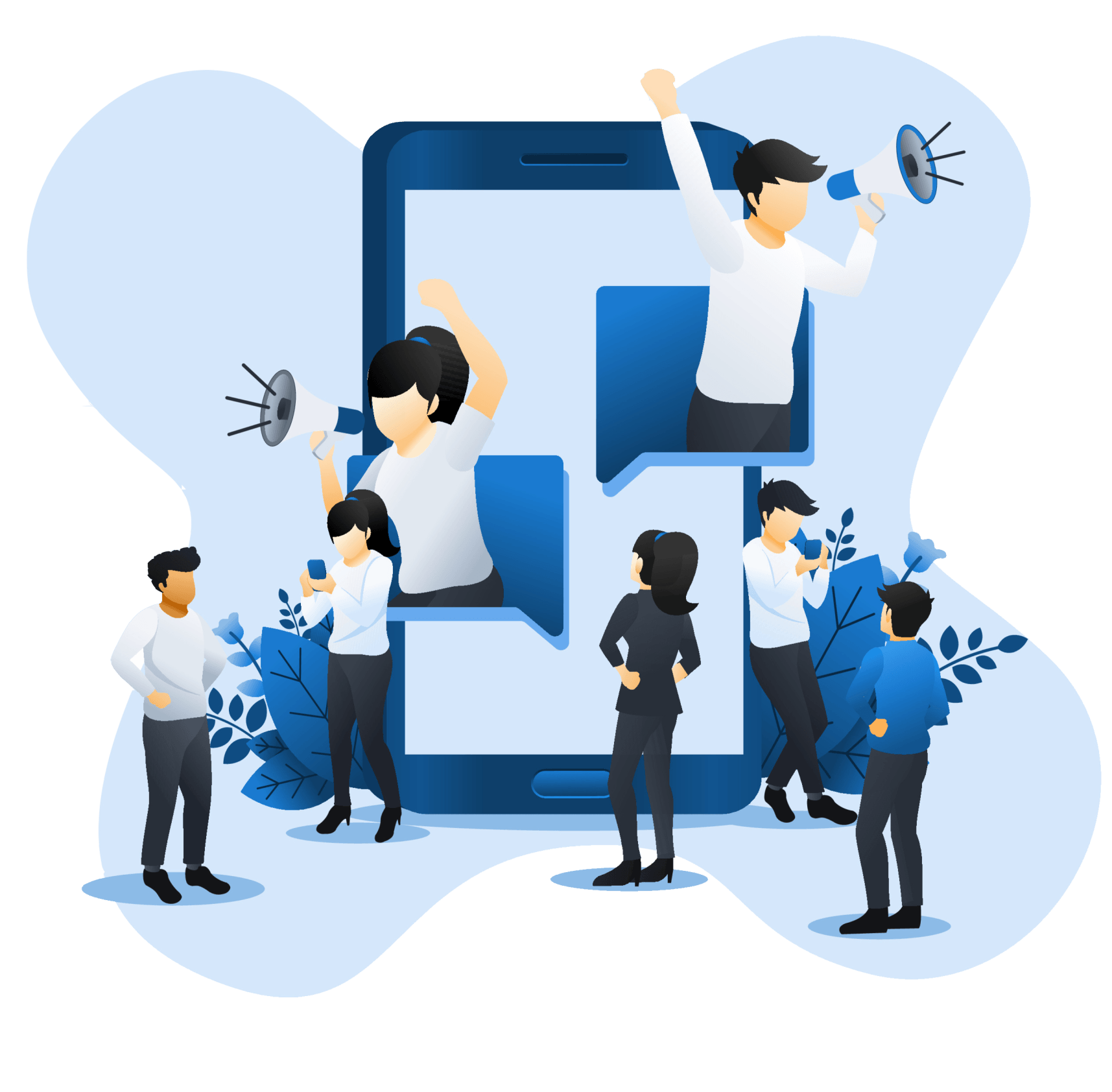People assembling a large smartphone screen with puzzle pieces and tools in blue tones