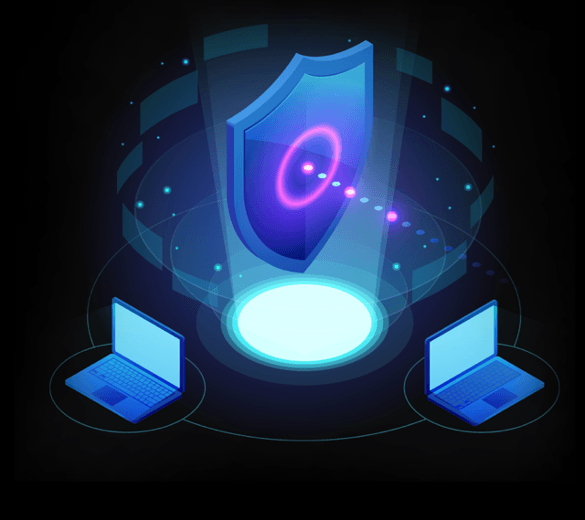 Blue cybersecurity shield glowing above two laptops on a dark digital background