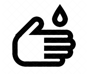 Black hand icon with a water droplet above it, suggesting handwashing or water use