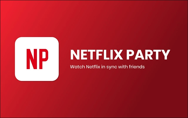 Netflix Party logo on a red gradient background with white “NP” icon and “Watch Netflix in sync with friends” text
