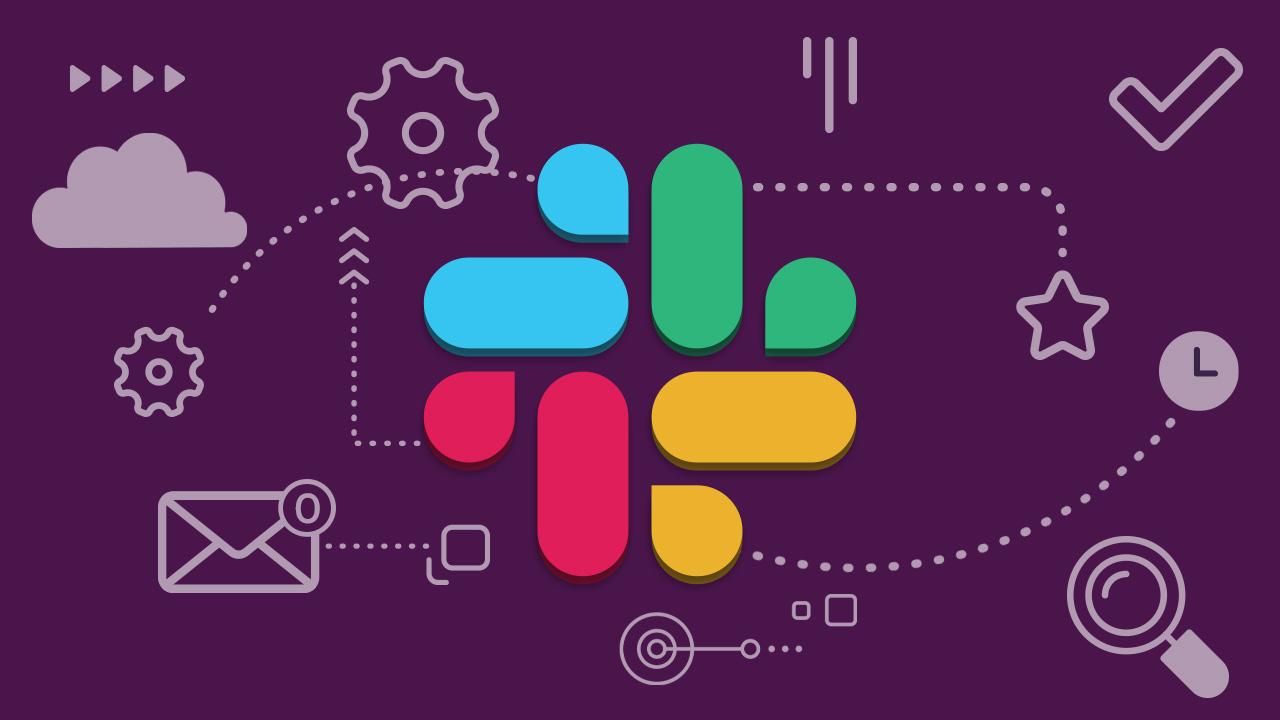 Slack logo centered on a purple background with dotted lines and white tech icons around it