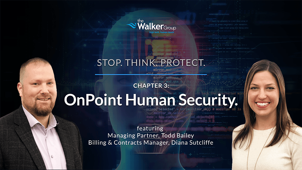 OnPoint Human Security webinar banner with two presenters, blue tech background, and “Stop. Think. Protect.” text