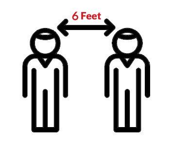 Two black stick figures spaced apart with a red double arrow labeled “6 Feet” above them.