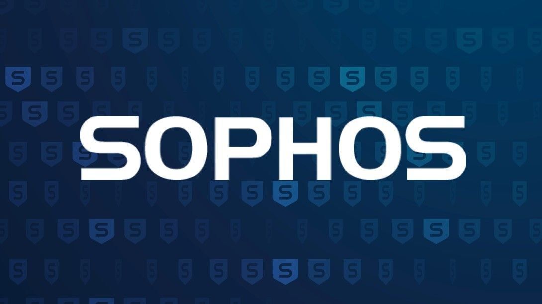 Sophos logo in white on a dark blue background with subtle shield icons