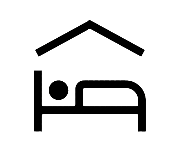 Black pictogram of a person lying in a bed under a roof, suggesting sleeping or a bedroom.