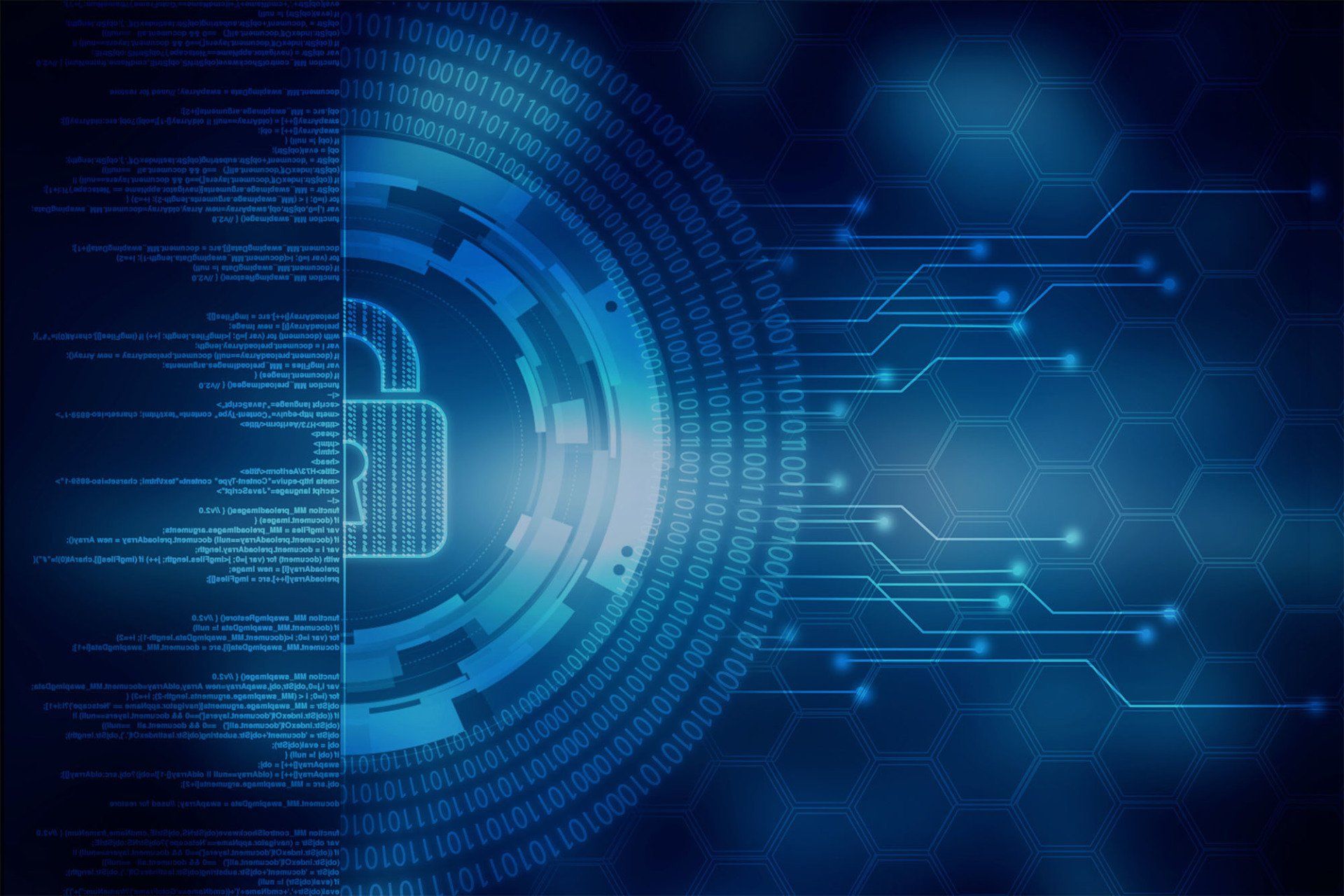 Blue digital security interface with circuit lines and a glowing padlock icon