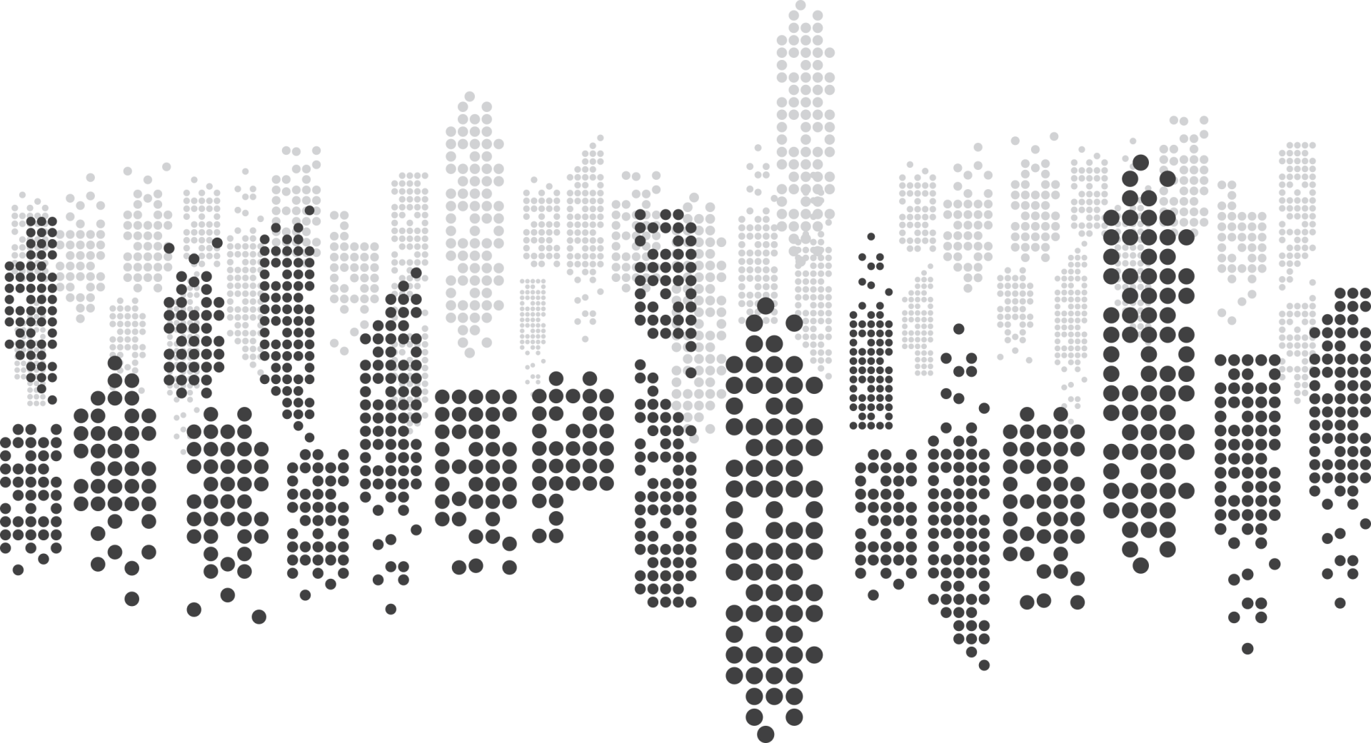 Abstract black and gray mosaic skyline formed by vertical dotted bars on a white background