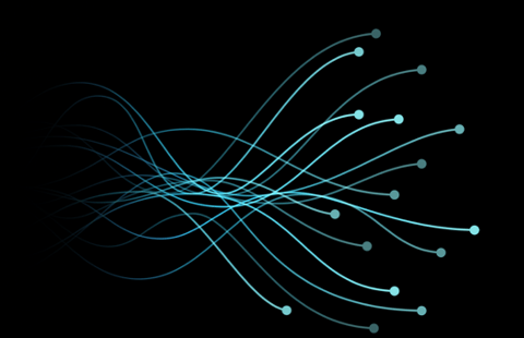 Abstract teal light trails curving across a black background, like flowing data or energy lines