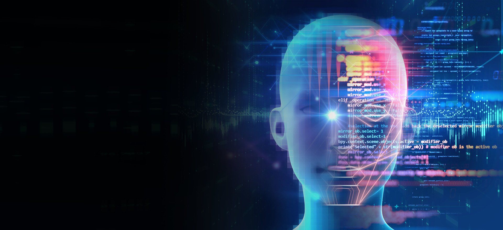 Glowing digital human face with blue and pink data streams on a dark background