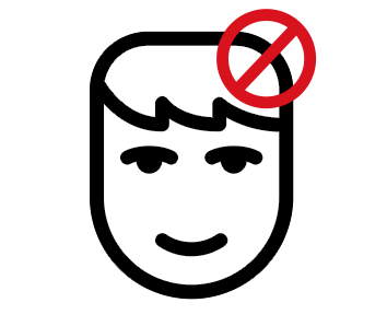 Black smiling face icon with red prohibition symbol over the head side