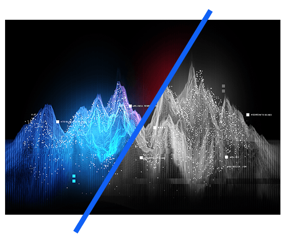 Blue and gray abstract waveform graphics split by a diagonal blue line on a dark background