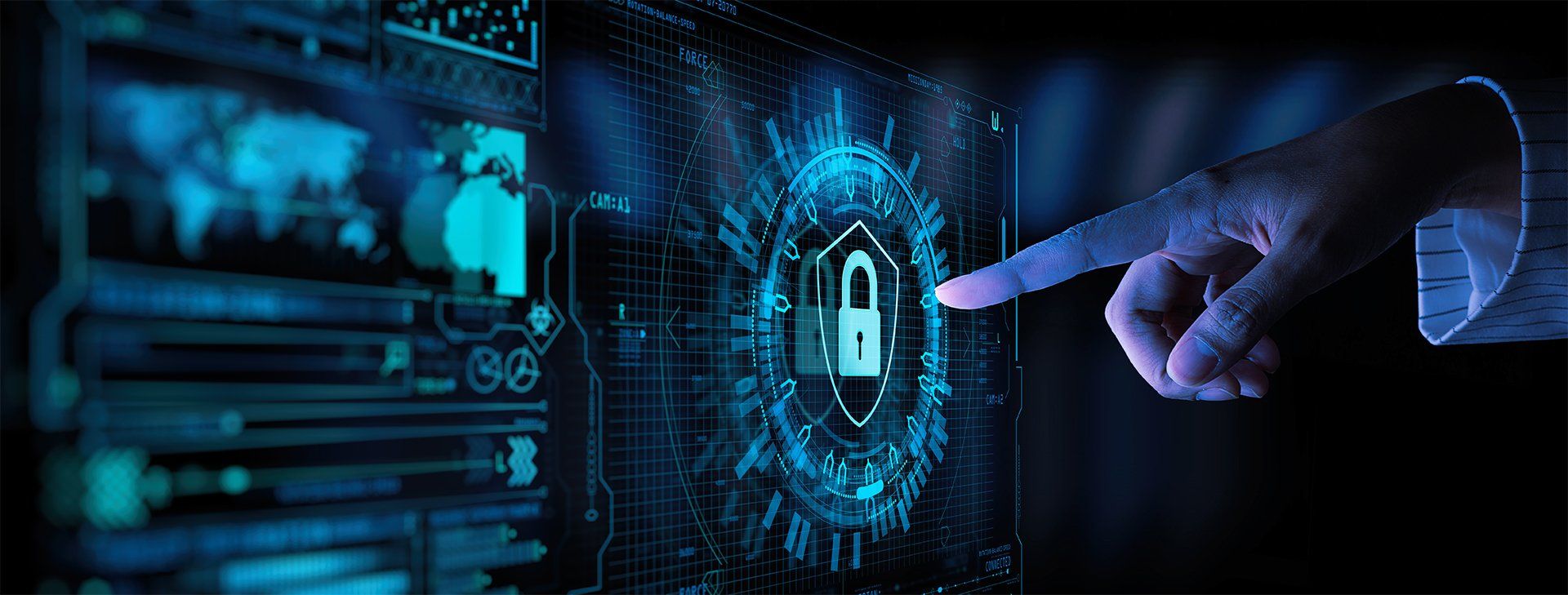 Hand pointing at glowing digital lock and cyber security interface on dark blue background