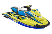 A yellow and blue jet ski on a white background.