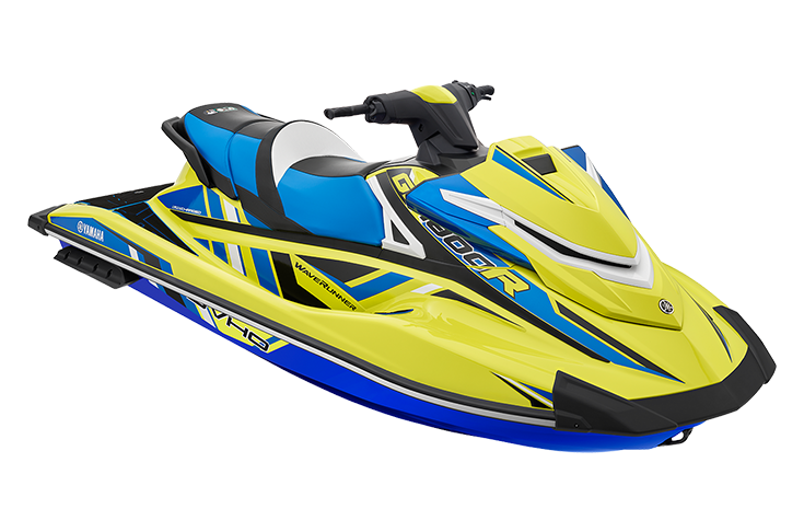 A yellow and blue jet ski on a white background.